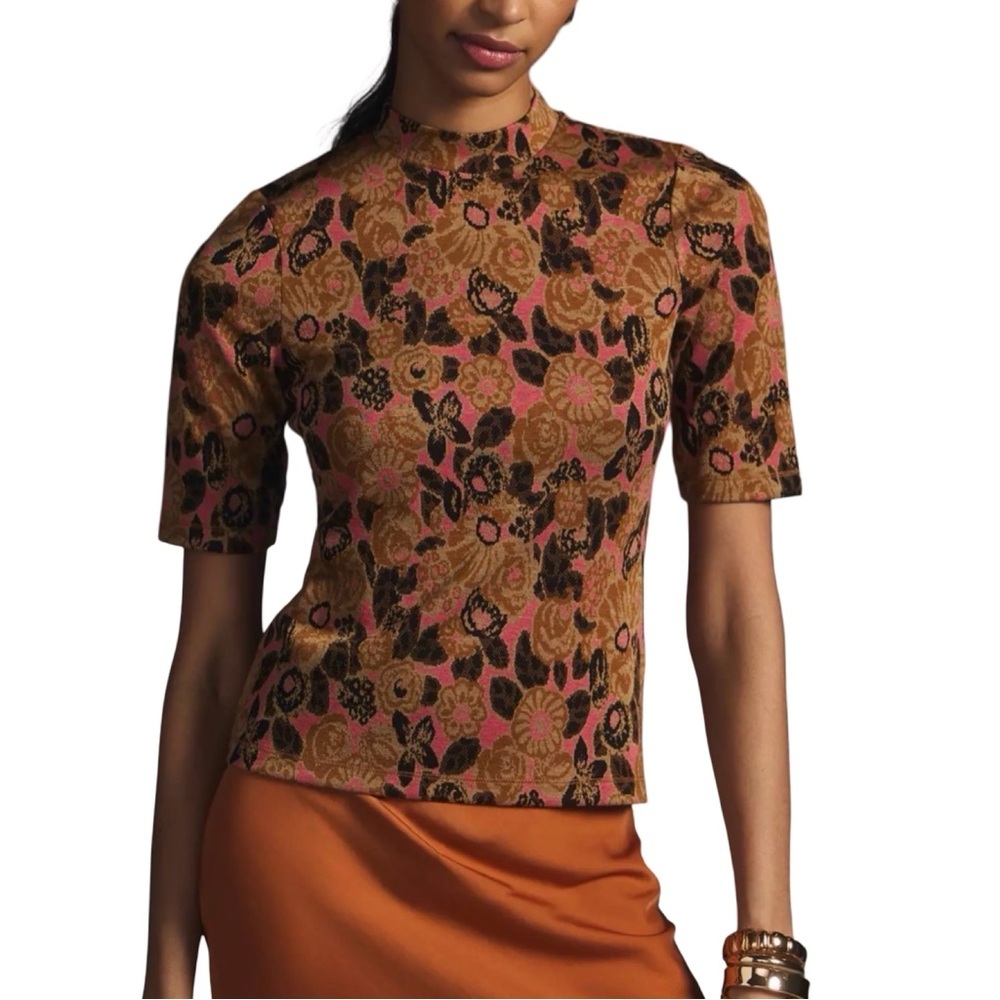 Anthropologie Maeve Floral Knit Top Mock Neck M 🌸🤎✨
